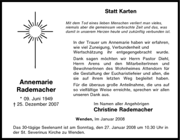 Traueranzeige von Annemarie Rademacher von Tageszeitung