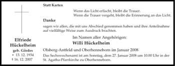 Traueranzeige von Elfriede Hückelheim von Tageszeitung