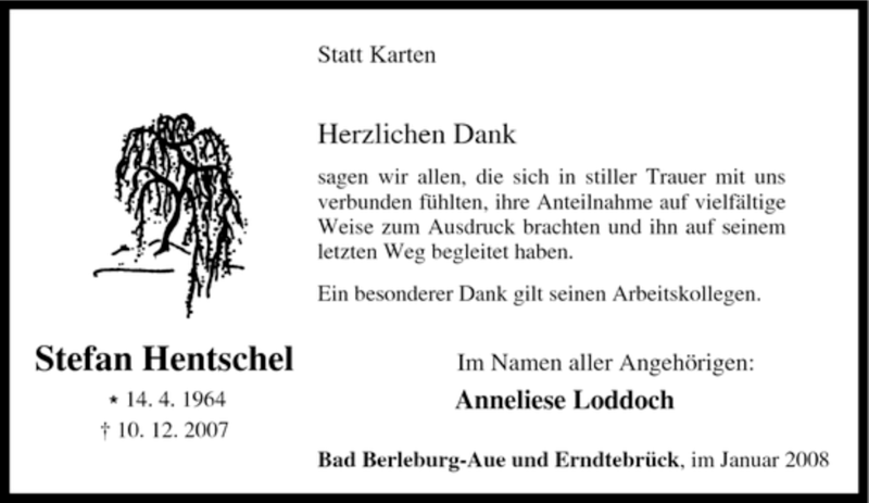  Traueranzeige für Stefan Hentschel vom 24.01.2008 aus Tageszeitung