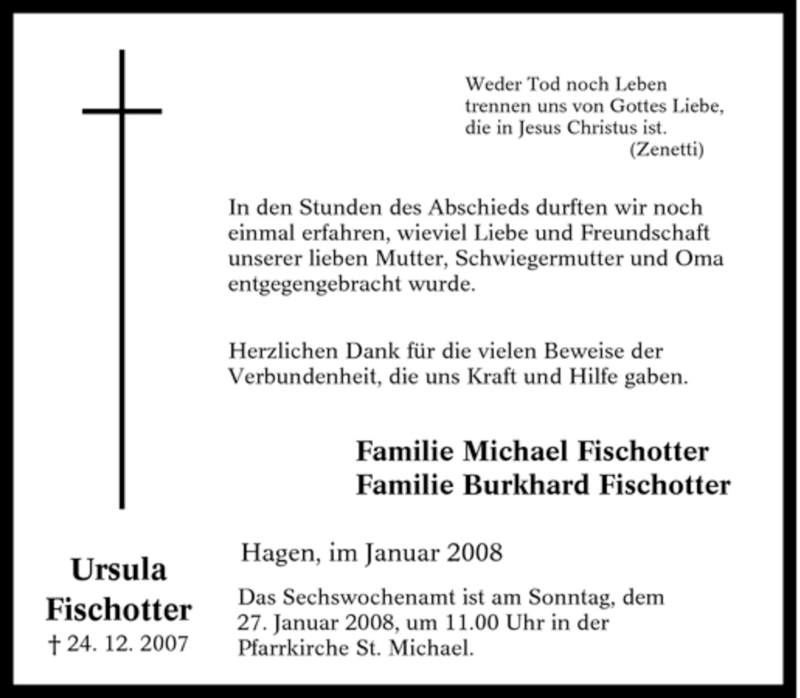  Traueranzeige für Ursula Fischotter vom 25.01.2008 aus Tageszeitung