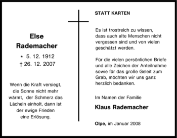 Traueranzeige von Else Rademacher von Tageszeitung