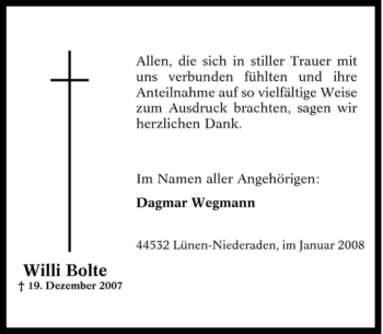 Traueranzeige von Willi Bolte von Tageszeitung