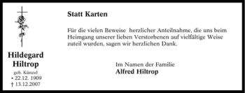 Traueranzeige von Hildegard Hiltrop von Tageszeitung