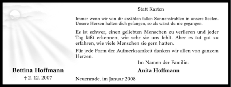  Traueranzeige für Bettina Hoffmann vom 26.01.2008 aus Tageszeitung