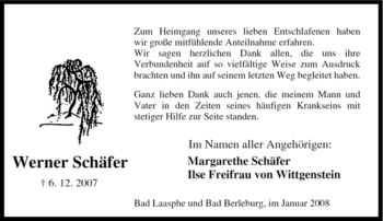 Traueranzeige von Werner Schäfer von Tageszeitung