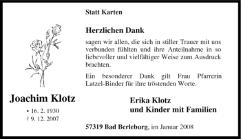 Traueranzeige von Joachim Klotz von Tageszeitung