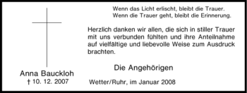 Traueranzeige von Anna Bauckloh von Tageszeitung