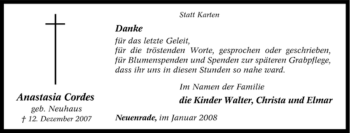 Traueranzeige von Anastasia Cordes von Tageszeitung