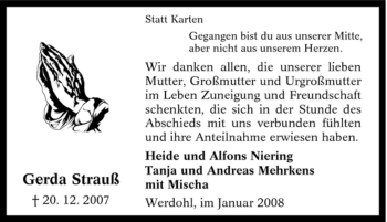 Traueranzeige von Gerda Strauß von Tageszeitung