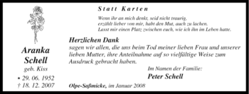 Traueranzeige von Aranka Schell von Tageszeitung