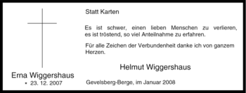 Traueranzeige von Erna Wiggershaus von Tageszeitung