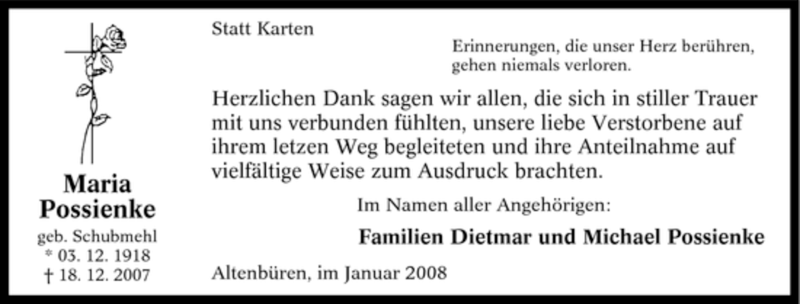  Traueranzeige für Maria Possienke vom 26.01.2008 aus Tageszeitung