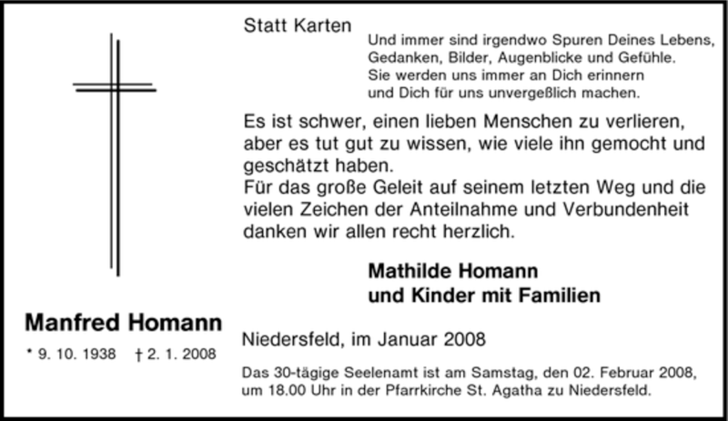  Traueranzeige für Manfred Homann vom 26.01.2008 aus Tageszeitung