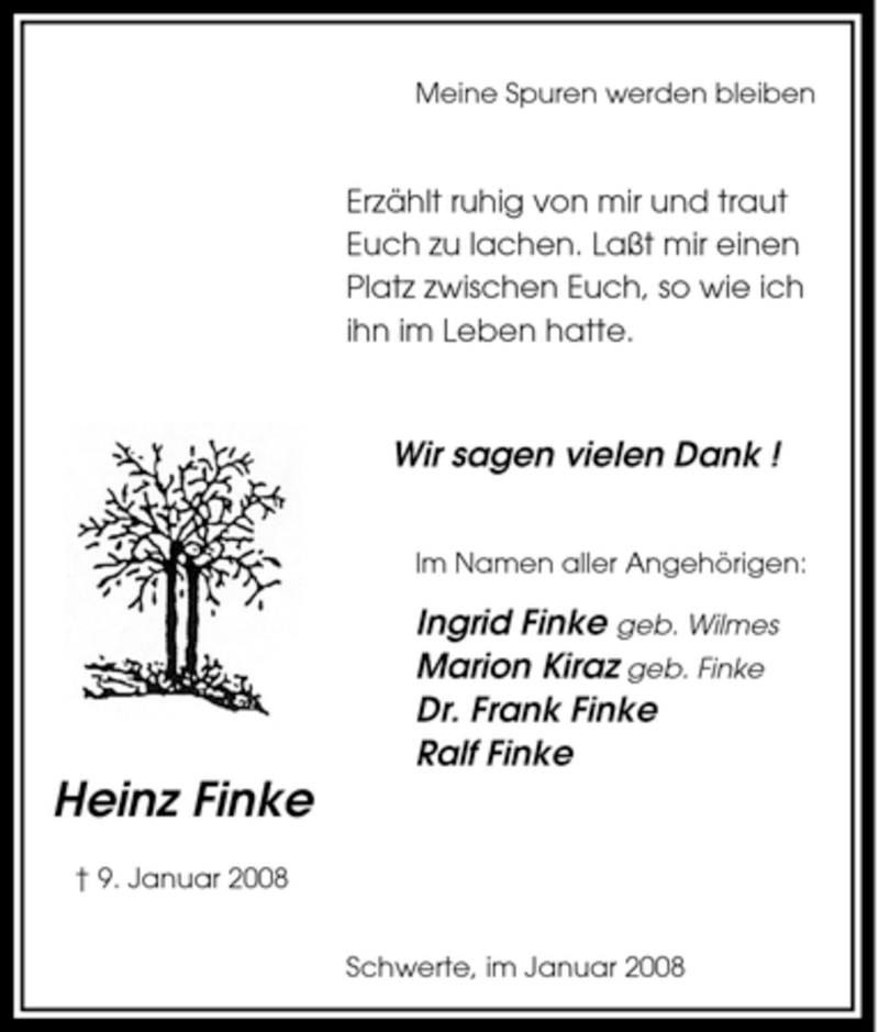  Traueranzeige für Heinz Finke vom 26.01.2008 aus Tageszeitung