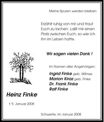Traueranzeige von Heinz Finke von Tageszeitung
