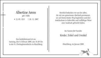 Traueranzeige von Albertine Arens von Tageszeitung