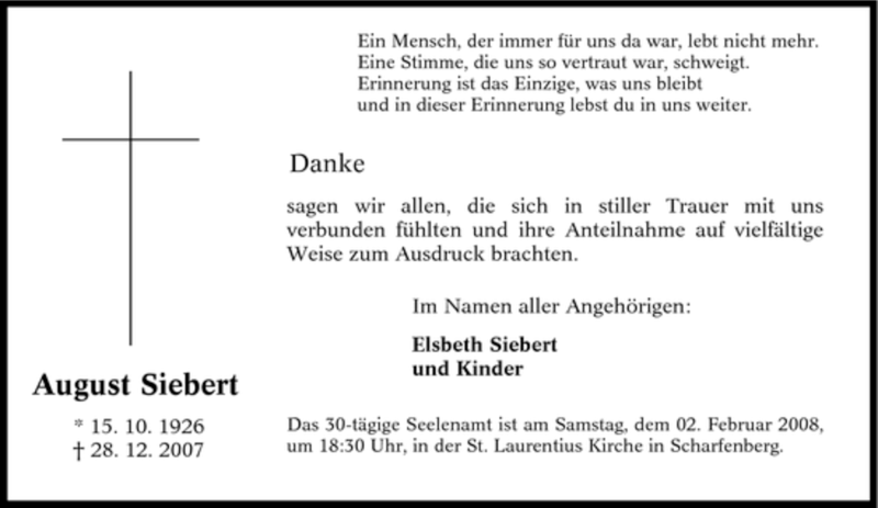 Traueranzeigen von August Siebert TrauerinNRW.de