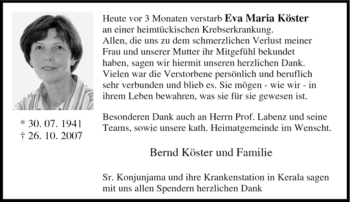 Traueranzeige von Eva Maria Köster von Tageszeitung