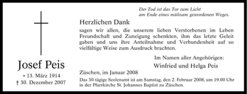  Traueranzeige für Josef Peis vom 26.01.2008 aus Tageszeitung