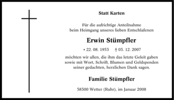 Traueranzeige von Erwin Stümpfler von Tageszeitung