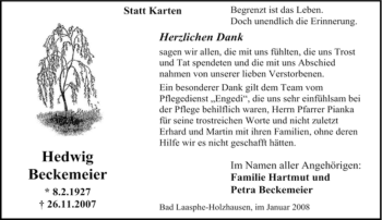 Traueranzeige von Hedwig Beckemeier von Tageszeitung