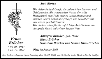 Traueranzeige von Franz Bröcher von Tageszeitung