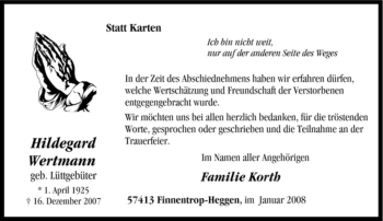 Traueranzeige von Hildegard Wertmann von Tageszeitung
