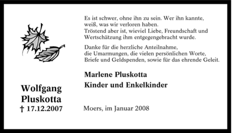  Traueranzeige für Wolfgang Pluskotta vom 28.01.2008 aus Tageszeitung