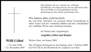 Traueranzeige von Willi Göbel von Tageszeitung