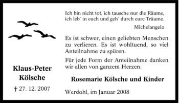 Traueranzeige von Klaus-Peter Kölsche von Tageszeitung