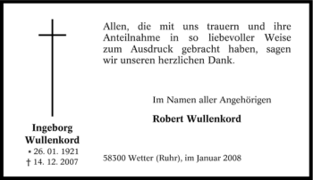 Traueranzeige von Ingeborg Wullenkord von Tageszeitung
