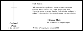 Traueranzeige von Gerhard Platz von Tageszeitung