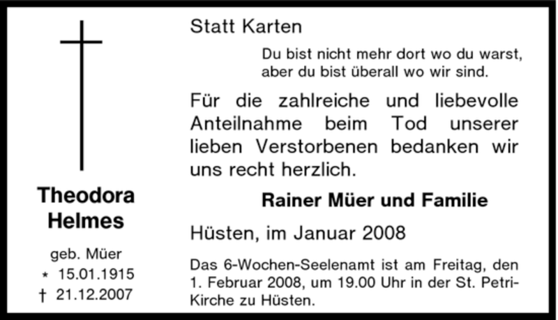  Traueranzeige für Theodora Helmes vom 29.01.2008 aus Tageszeitung