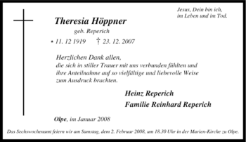 Traueranzeige von Theresia Höppner von Tageszeitung