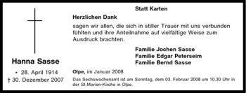 Traueranzeige von Hanna Sasse von Tageszeitung