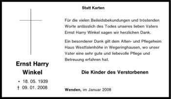 Traueranzeige von Ernst Harry Winkel von Tageszeitung