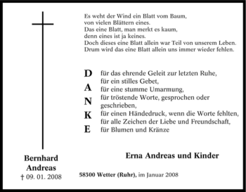 Traueranzeige von Bernhard Andreas von Tageszeitung
