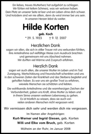 Traueranzeige von Hilde Korten von Tageszeitung