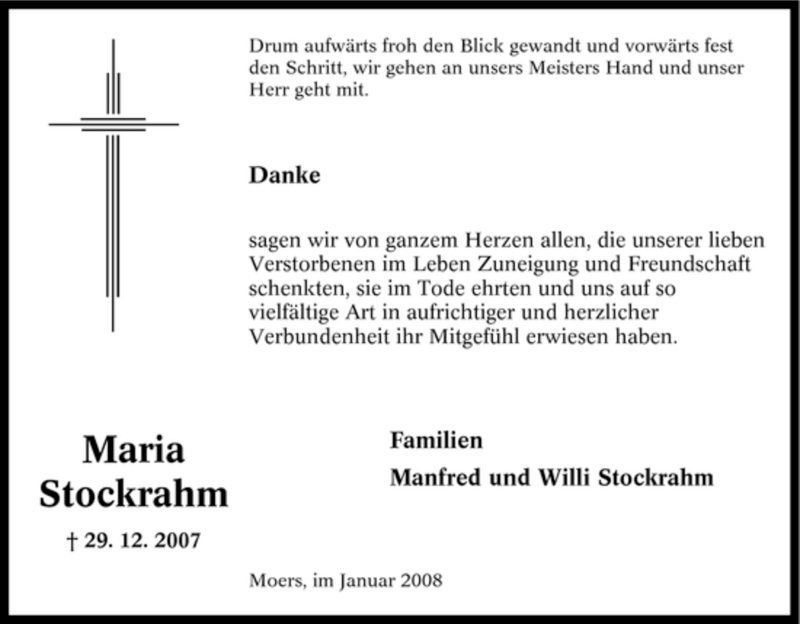  Traueranzeige für Maria Stockrahm vom 30.01.2008 aus Tageszeitung