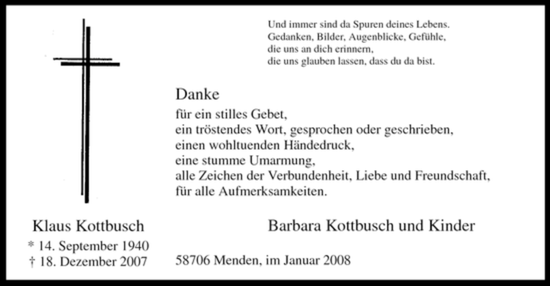  Traueranzeige für Klaus Kottbusch vom 30.01.2008 aus Tageszeitung