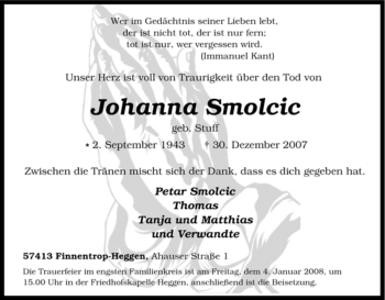 Traueranzeige von Johanna Smolcic von Tageszeitung