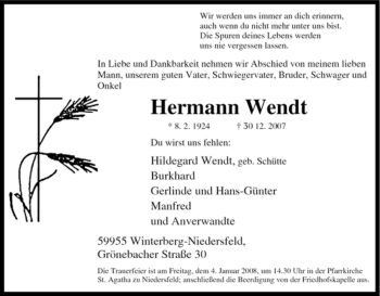 Traueranzeige von Hermann Wendt von Tageszeitung