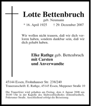Traueranzeige von Lotte Bettenbruch von Tageszeitung