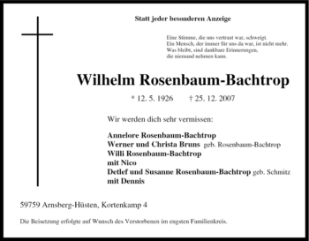 Traueranzeige von Wilhelm Rosenbaum-Bachtrop von Tageszeitung