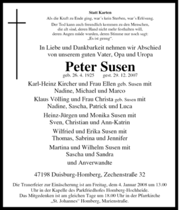 Traueranzeige von Peter Susen von Tageszeitung