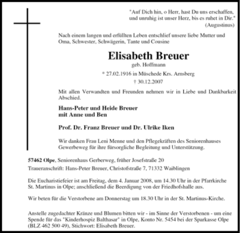Traueranzeige von Elisabeth Breuer von Tageszeitung