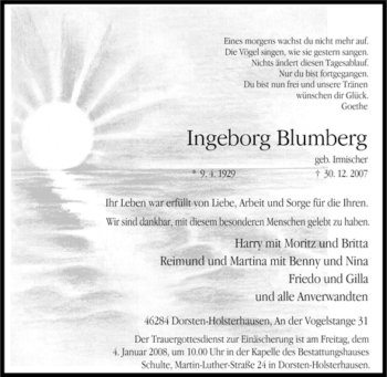 Traueranzeige von Ingeborg Blumberg von Tageszeitung