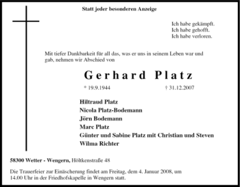 Traueranzeige von Gerhard Platz von Tageszeitung