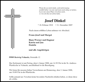Traueranzeige von Josef Dinkel von Tageszeitung