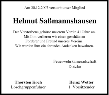 Traueranzeige von Helmut Saßmannshausen von Tageszeitung